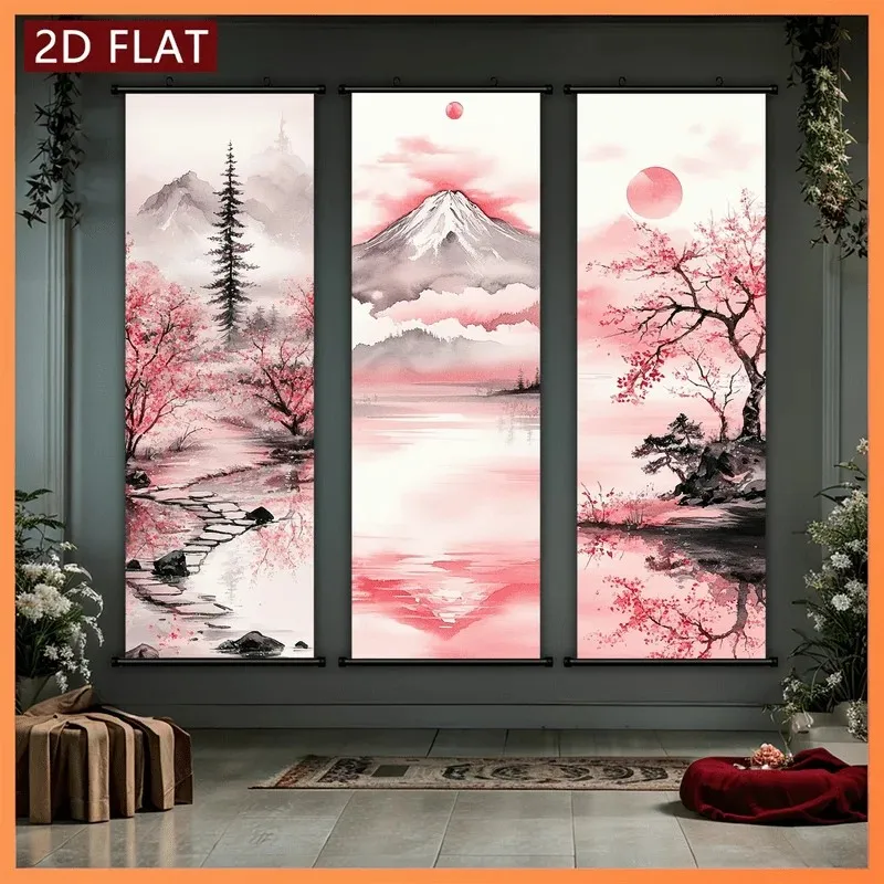 VIKAMA Japanese Mount Fuji Cherry Blossom 3 Piece Wall Scroll Tapestry Set Ink Landscape Zen Wall Art Decor for Living Room