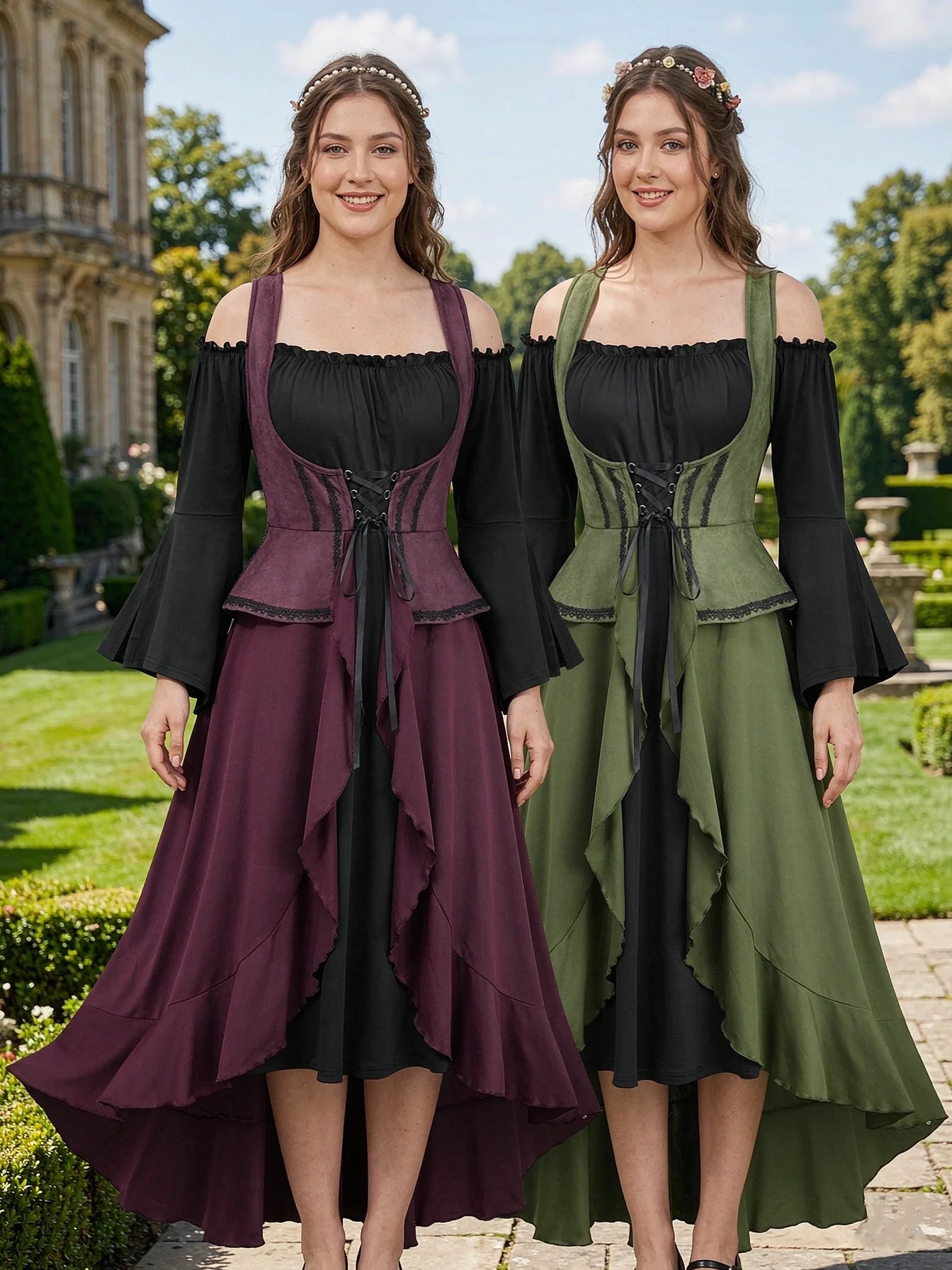 ROSEGAL Plus Size Women's Renaissance Medieval Dress Curvy Lace Up Ruffles Flare Sleeve Cold Shoulder 2 In 1 Vintage Maxi Dress