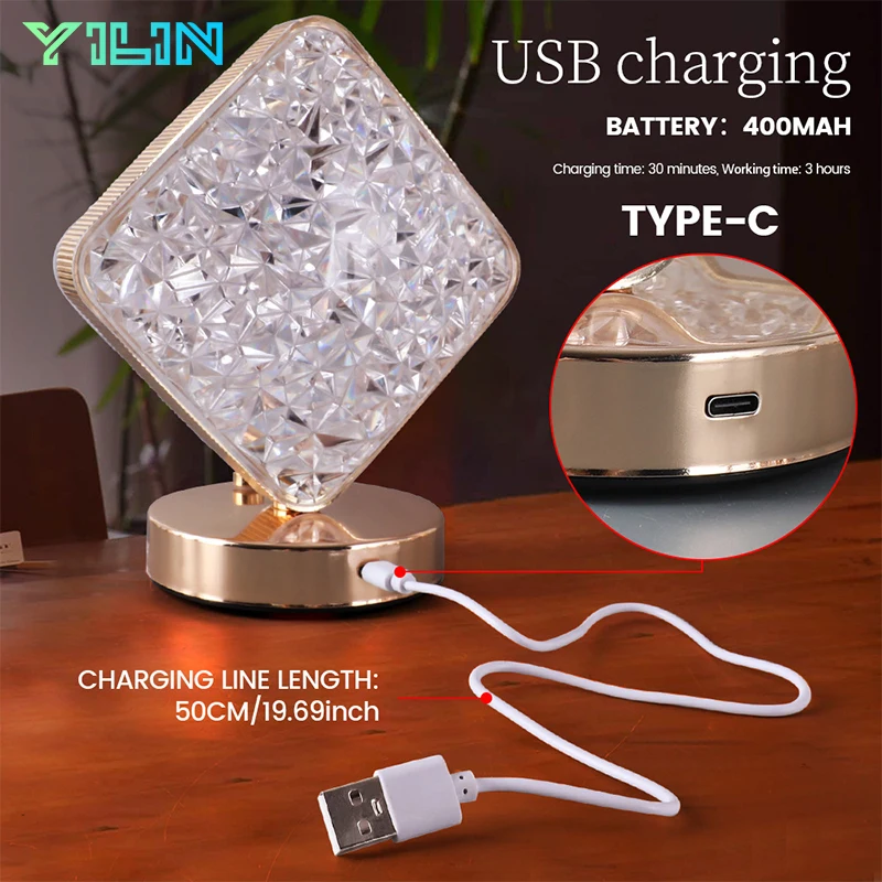 Modern Luxury Crystal Table Lamp USB Rechargeable 3Color Changeable Creative Decoration Atmosphere Acrylic Bedside Night Light