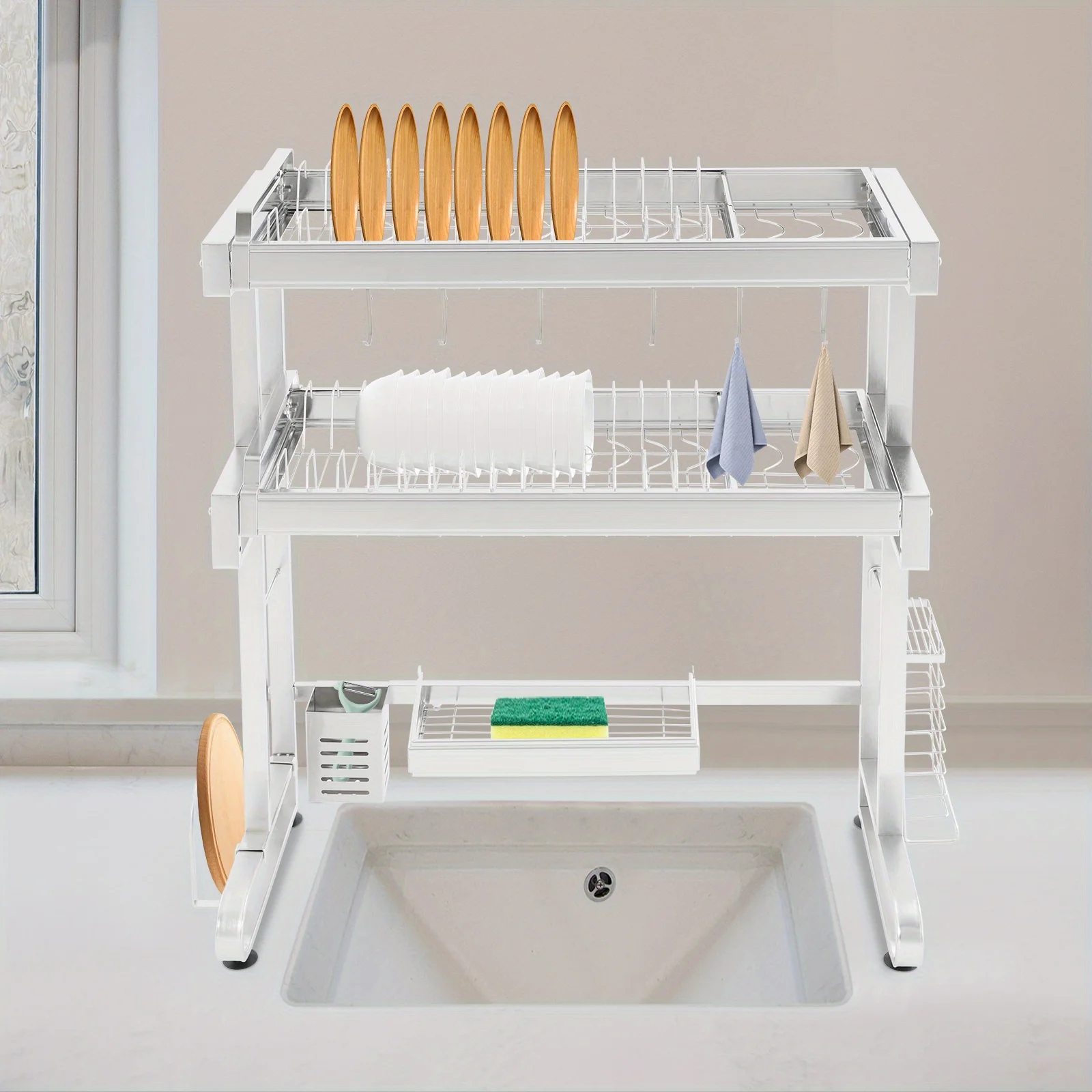 Rejilla para secar platos sobre fregadero de 2 niveles, rejilla para secar platos de acero inoxidable, organizador extensible sobre fregadero de cocina
