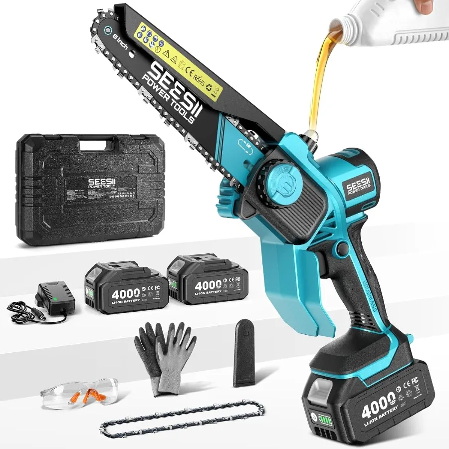 

8-Inch Cordless Mini Chainsaw 2025 Upgraded Brushless Motor Electric Chainsaw with 2×4000mAh Batteries for Efficient Tre