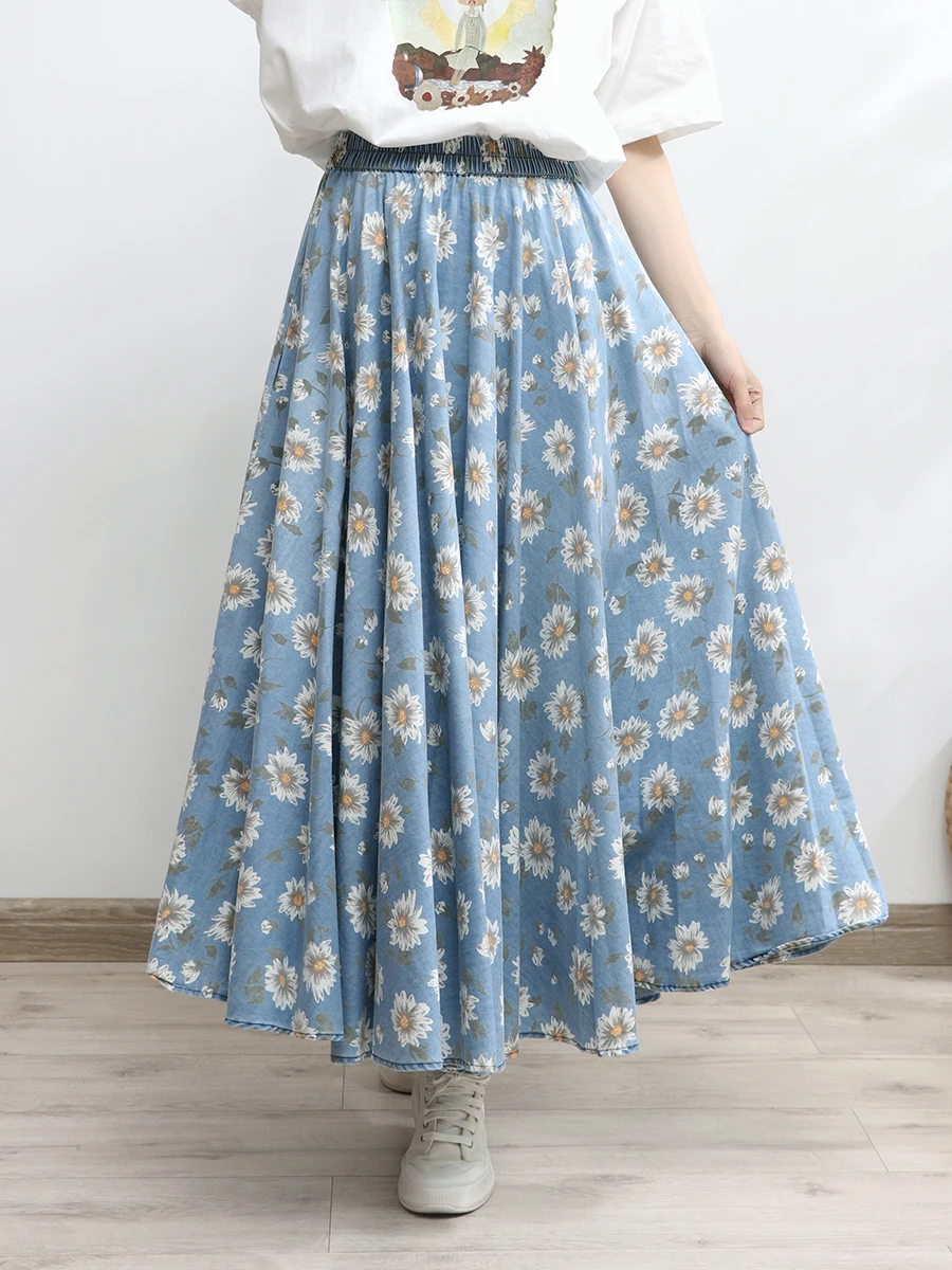 

Free Shipping 2024 New Long Maxi Women Elastic High Waist Spring Summer Denim Lady A-Line Printed Flowers Skirts