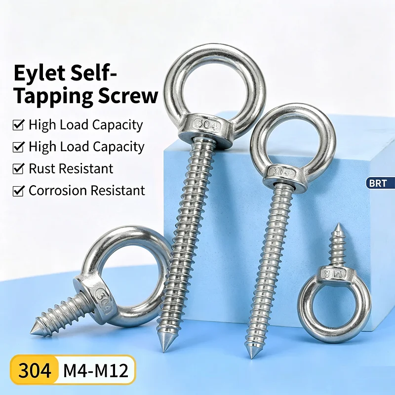 304 Stainless Steel Lifting Ring Screw Eye Hooks Self Tapping Self Drilling Sheep Eye Type Wood Screws M4-M12 Sound Audio Eyelet