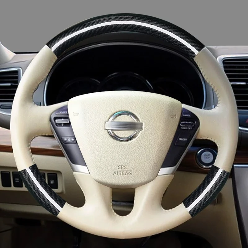 Funda de volante de coche antideslizante de fibra de carbono y cuero genuino beige cosida a mano para Nissan Teana Murano Z51 Elgrand Quest