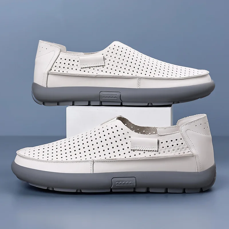 The first layer of cowhide summer new casual leather hollow breathable sandals lazy one pedal hole men's shoes