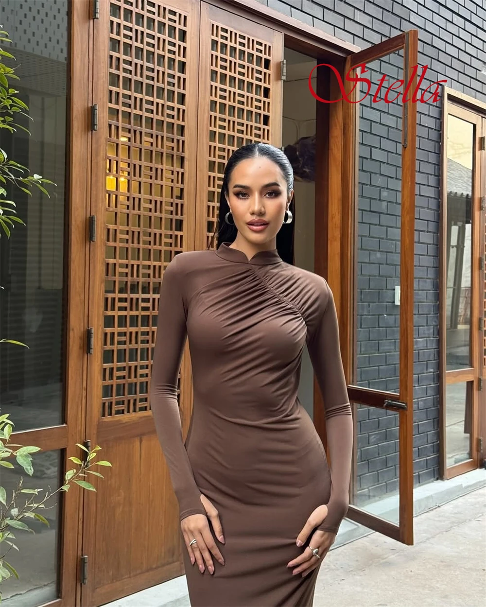 Robe de soirée en Jersey doux, personnalisée, Simple, col haut, manches longues, robes d'occasion sur mesure