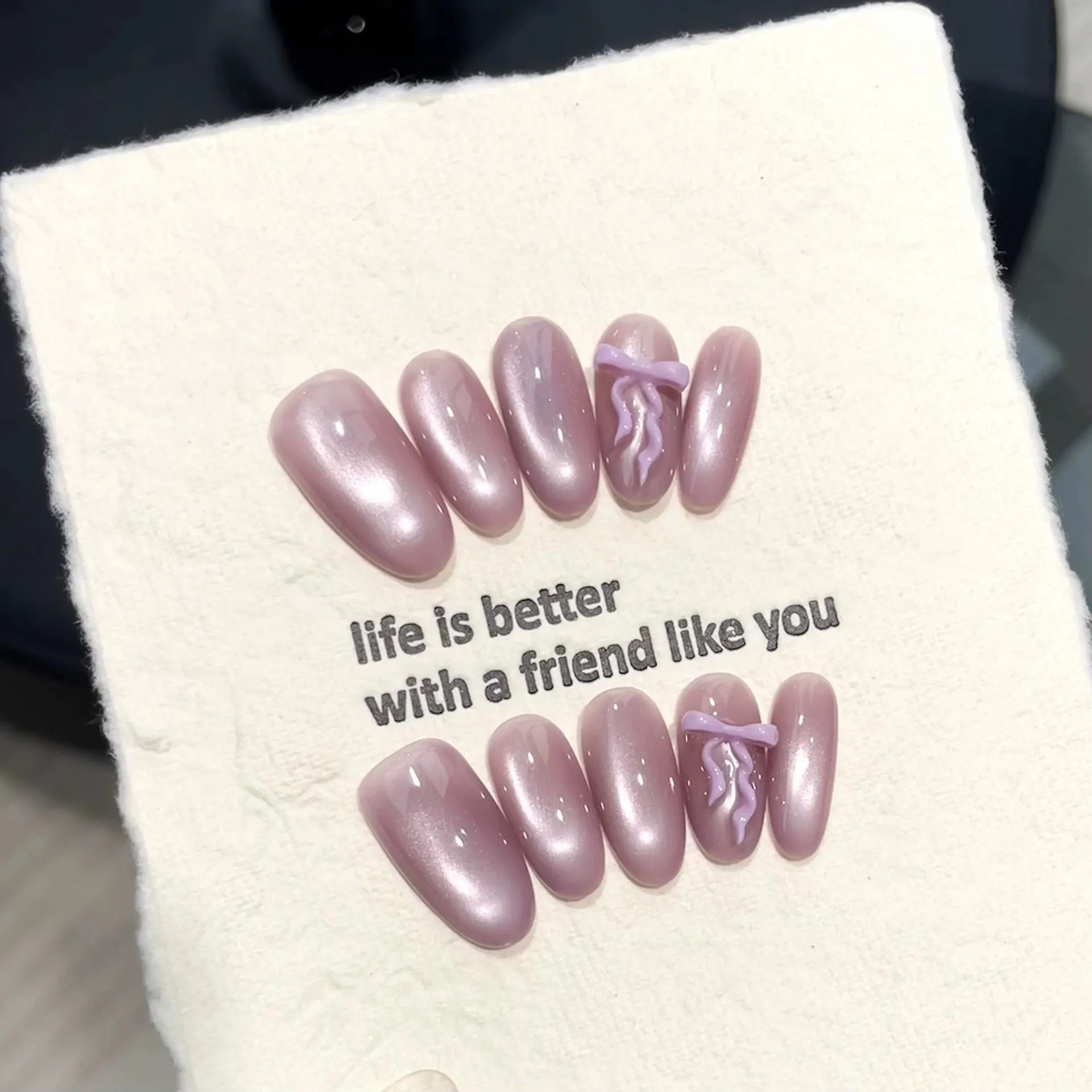 10pcs Handmade Press on Nails 3D Bow Decor Fake Nails Wearable Detachable Short Purple Glass Beads Cat's Eye False Nails Almond