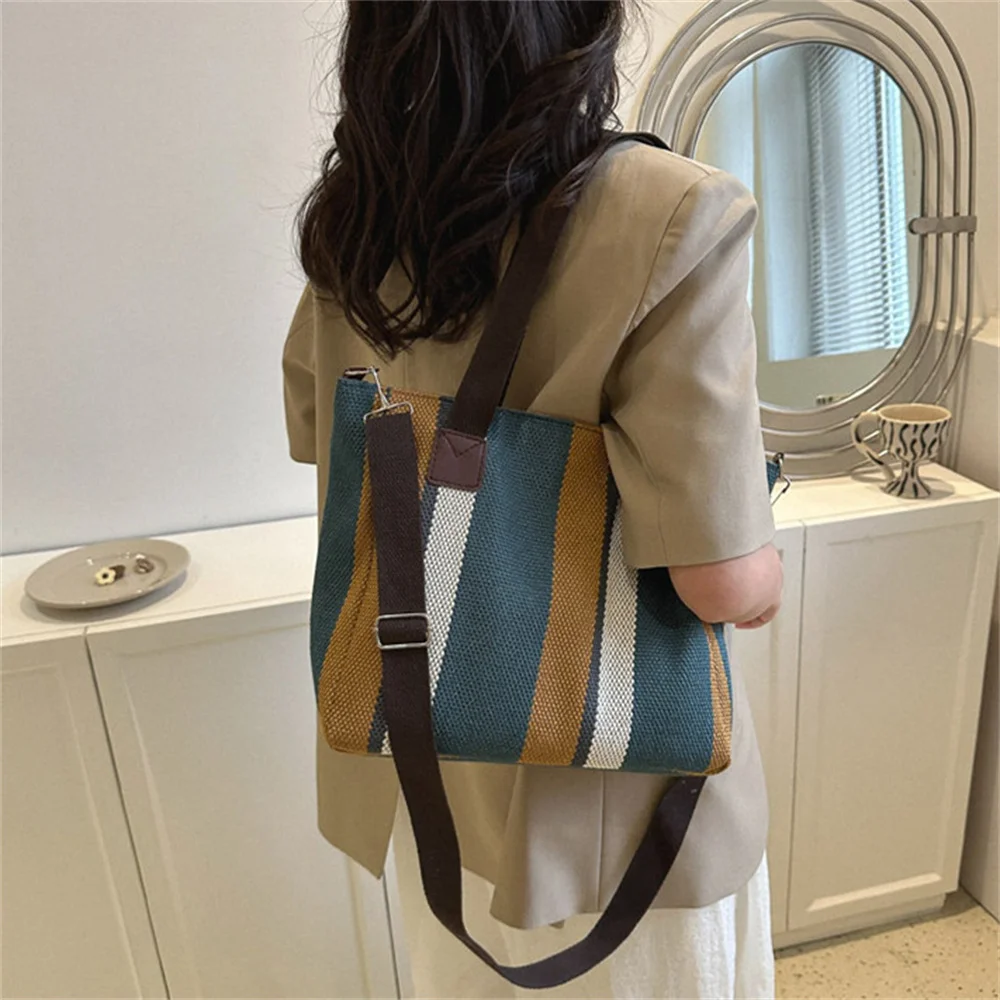 Fashion Striped Women Shoulder Bag Korean Style Canvas Sling Bags Square Crossbody Handbag Large Capacity Shopper Totes