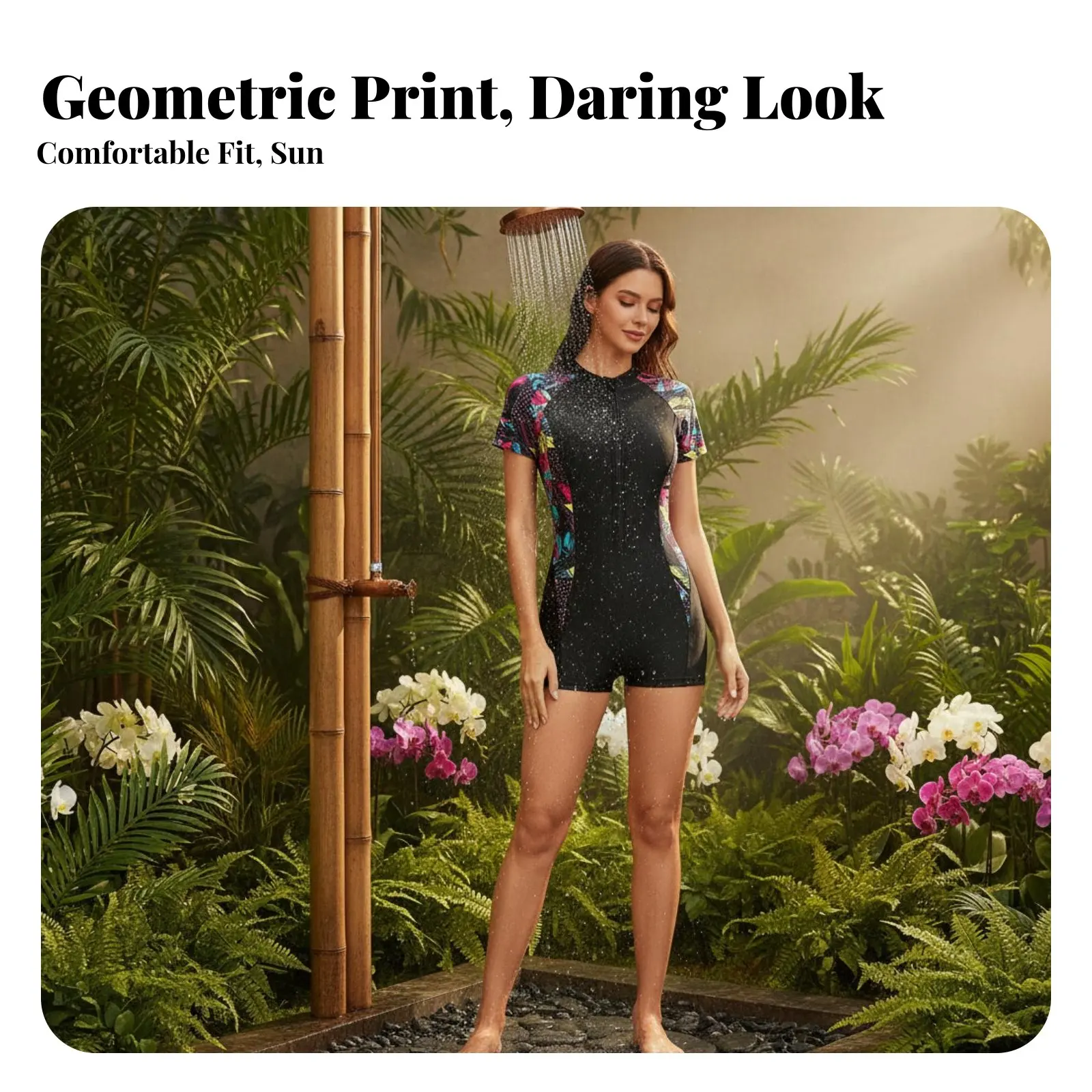 

Цельный купальник для серфинга с защитой от солнца, на молнии спереди, с шортами-бойлегами, полностью закрытый, с принтованными вставками