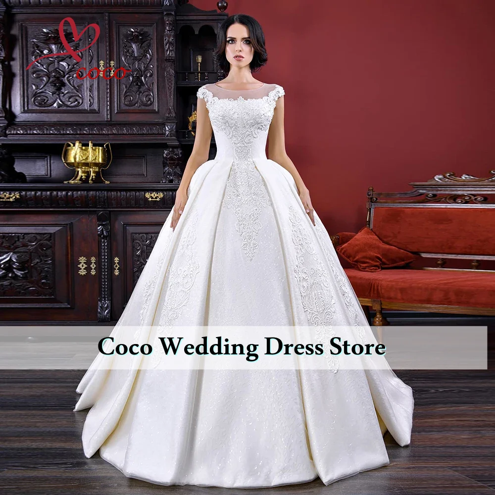 Customized Princess Ball Gown Wedding Dresses Vestido De Noiva Princesa Cap Sleeve Lace Up Back Beads Pearls Appliques Dress
