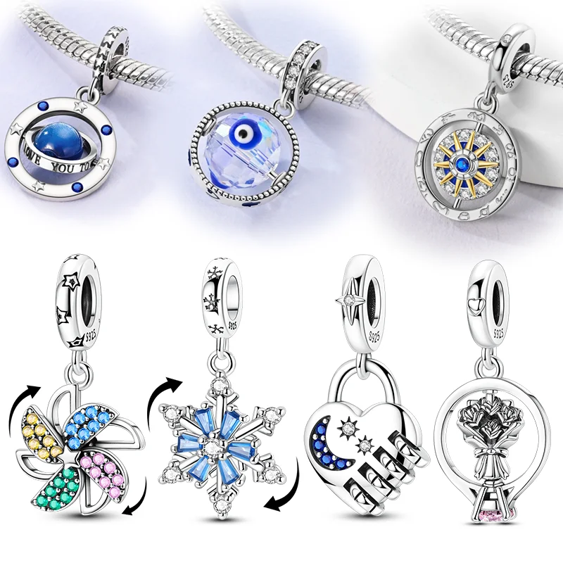 Original Sparking Spinning Charms 925 Sterling Silver Snowflake Windmill Lock Pendants Beads Fit Bracelet Jewelry Gift For Women