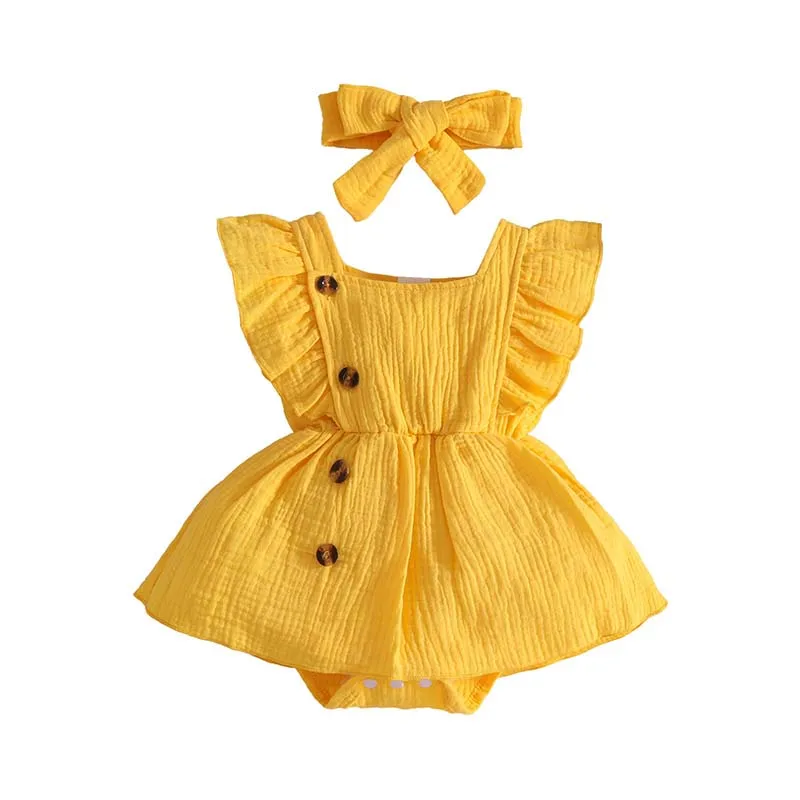 

0-18 Months Baby Girl Clothing 2Piece Outfits Summer Ruffled Sleeves Square Neckline Bodysuits Dress+Headband Newborn Set