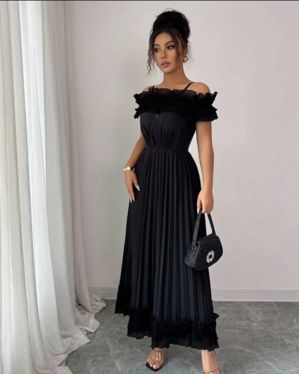 

Customized Matching Simple Chiffon Pleat Draped A-line Off-the-shoulder Midi Dresses Bespoke Occasion Dresses Sizes Available