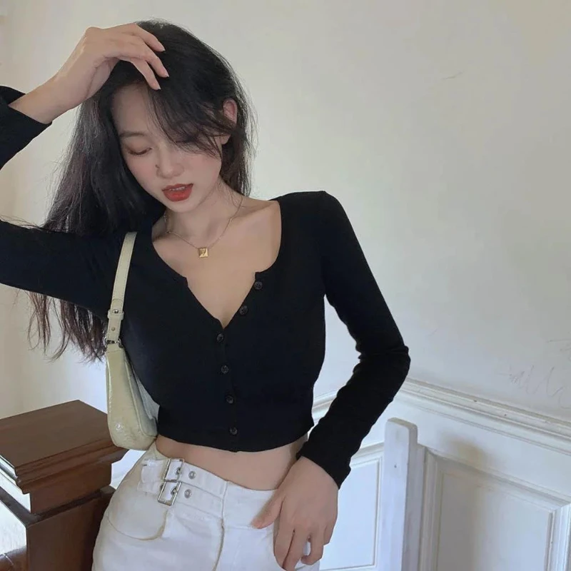 Short Long Sleeve Sexy Age Reduction Crop Top Irregular V Neck Elegant Moda T-shirt Slim Small Fellow Streetwear Mujer
