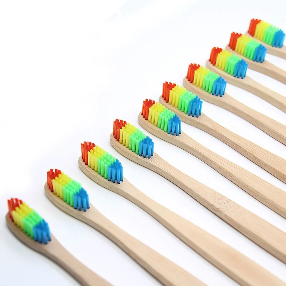 3pcs Colorful Head Bamboo Toothbrush Wholesale Environment Wooden Rainbow   Oral Care Soft Bristle