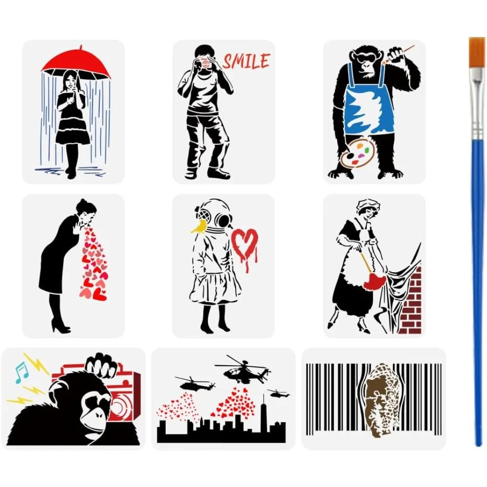 9 Pcs Banksy Characters Stencil 8.3x11.7Inch Chimpanzees Painting Stencils with Bamboo Brush Umbrella Helicopter Templates
