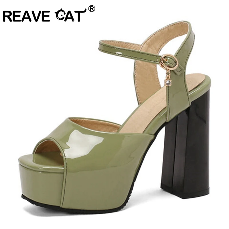 REAVE CAT Elegant Open Toe Women Sandals 12cm Thick Block Heel 4cm Platform Ankle Buckles Big Size 48 49 50 Black White Gold