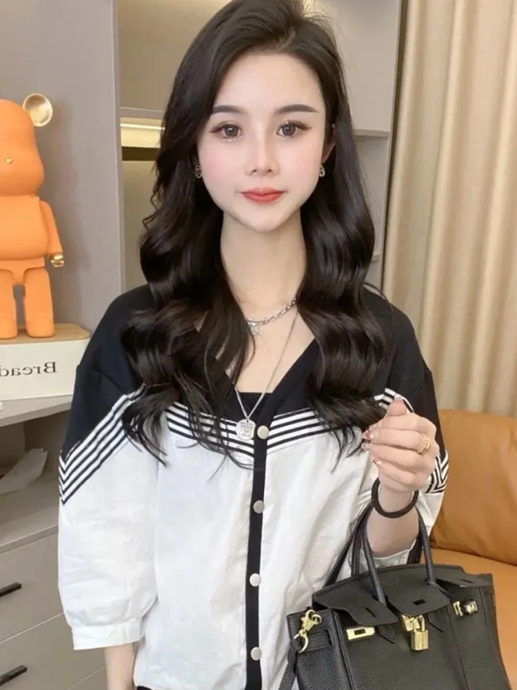 

Women's irt V-ne Striped Patchwork Lazy Sle Seven-quarter Sve Top Korean Version Anti-aging Color Blo Summer Autum...