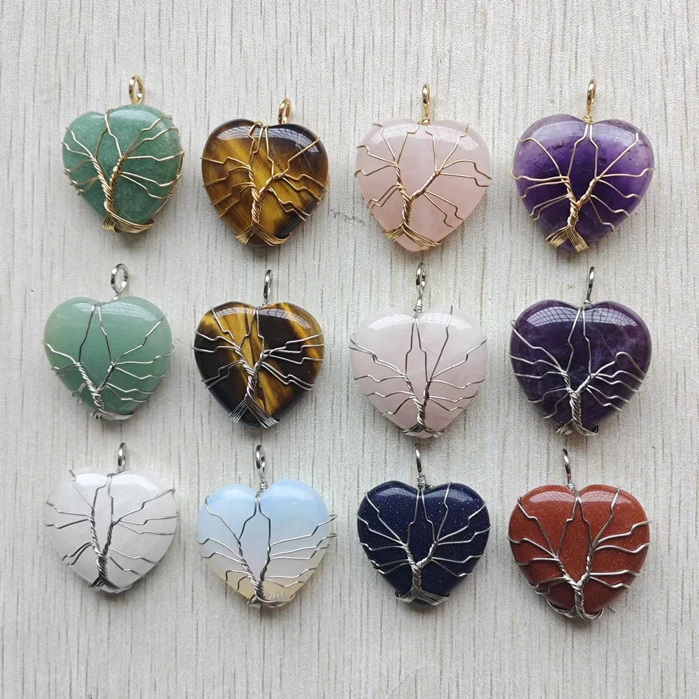 

Wholesale 6pcs Natural Gemstone Handmade wire wrapped tree of life love hearts charms pendants for jewelry making fast shipping