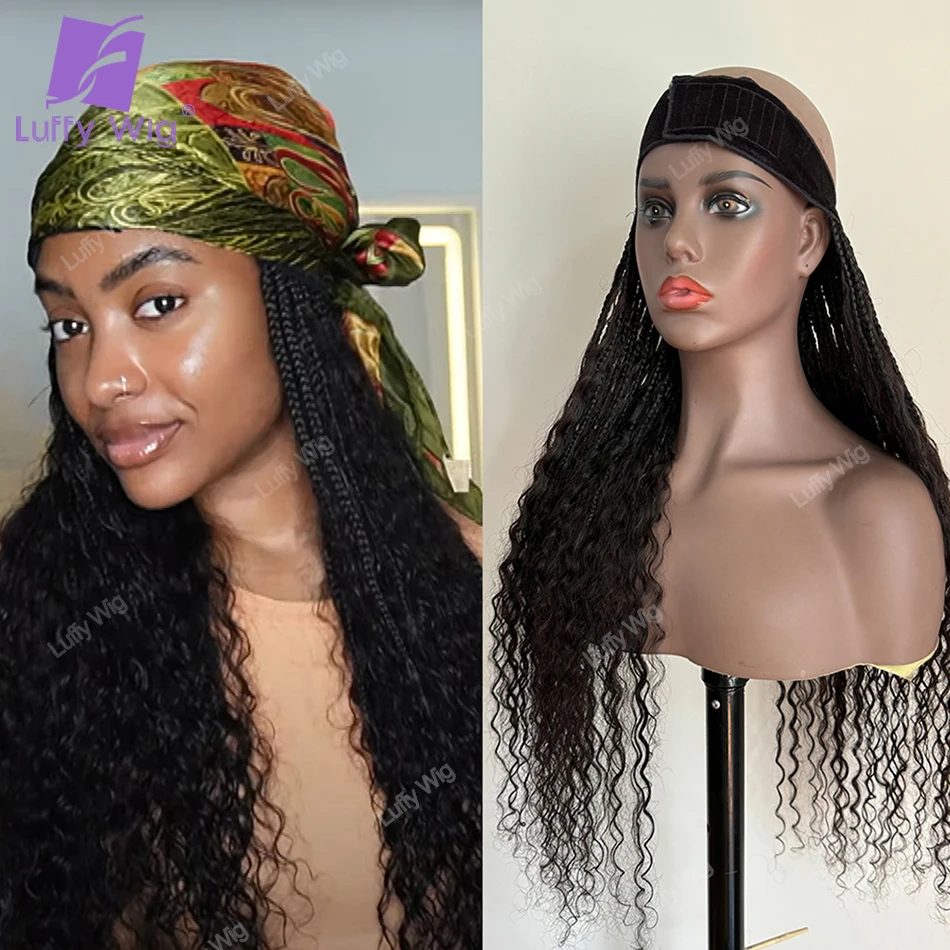 Braid Band Wig With Human Hair Curly Ends Goddess Boho Box Braids Hair Extensions for Women Natural Black Color Easy to Install