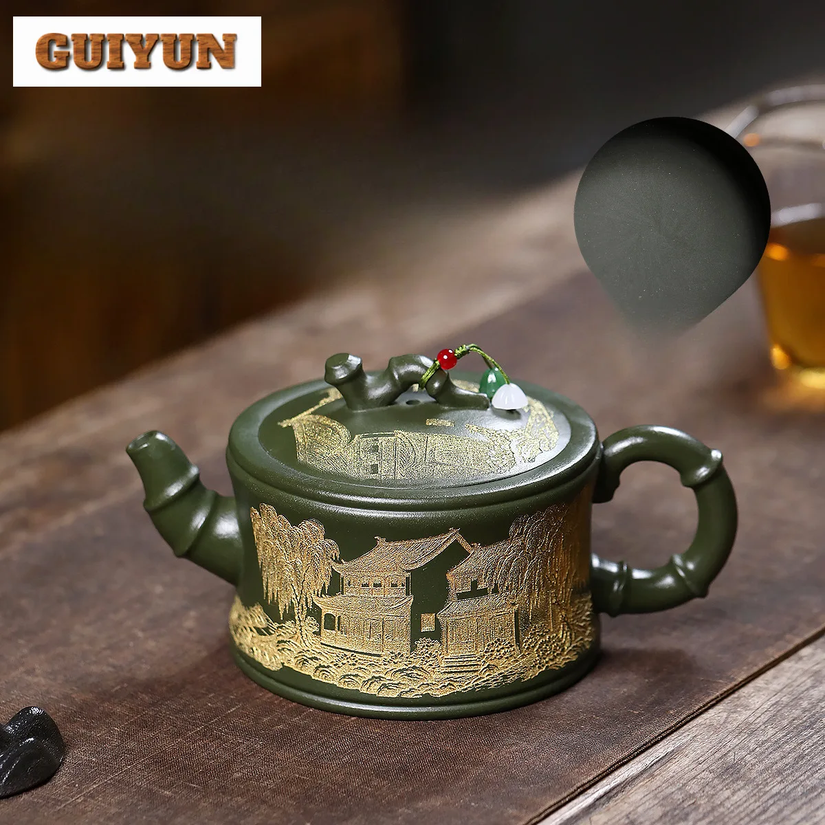 

460ml Yixing Purple Clay Teapots Handmade Gold Drawing Bamboo Section Pot Raw Ore Green Mud Tea Maker Kettle With Strainer Zisha