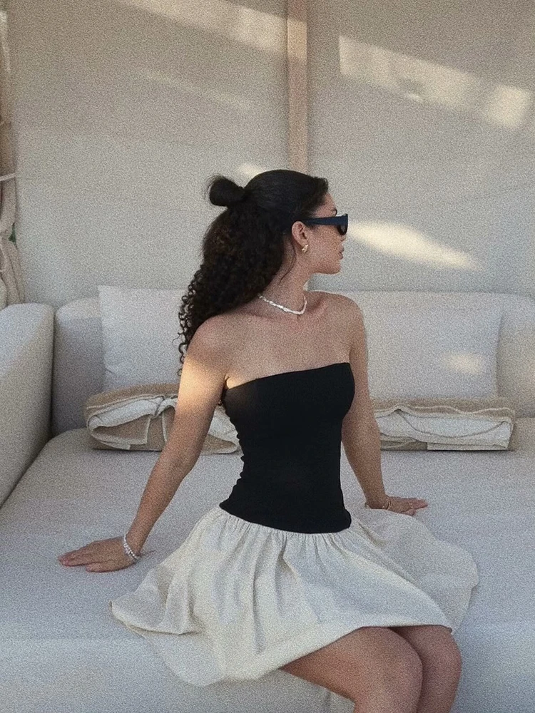 Le Luz-vestido Midi de dos piezas para mujer, Sexy, dulce, sin hombros, negro, Y2K, sin mangas, fiesta, Verano