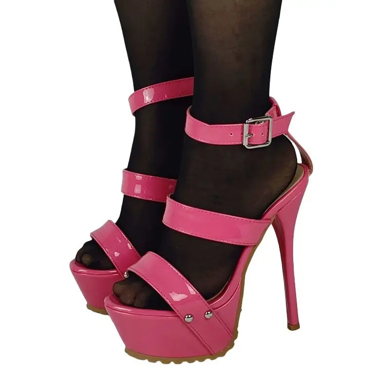 

SHOFOO Fashionable women's high-heeled sandals. Rose red patent leather sandals. About 15-17 cm heel height. Fine heeled sandals