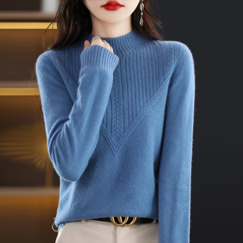 Autumn Winter New High-End First-Line Ready Wear 100 Wool Women's Base Sweater Short Style Temperament Semi High Collar Triangle