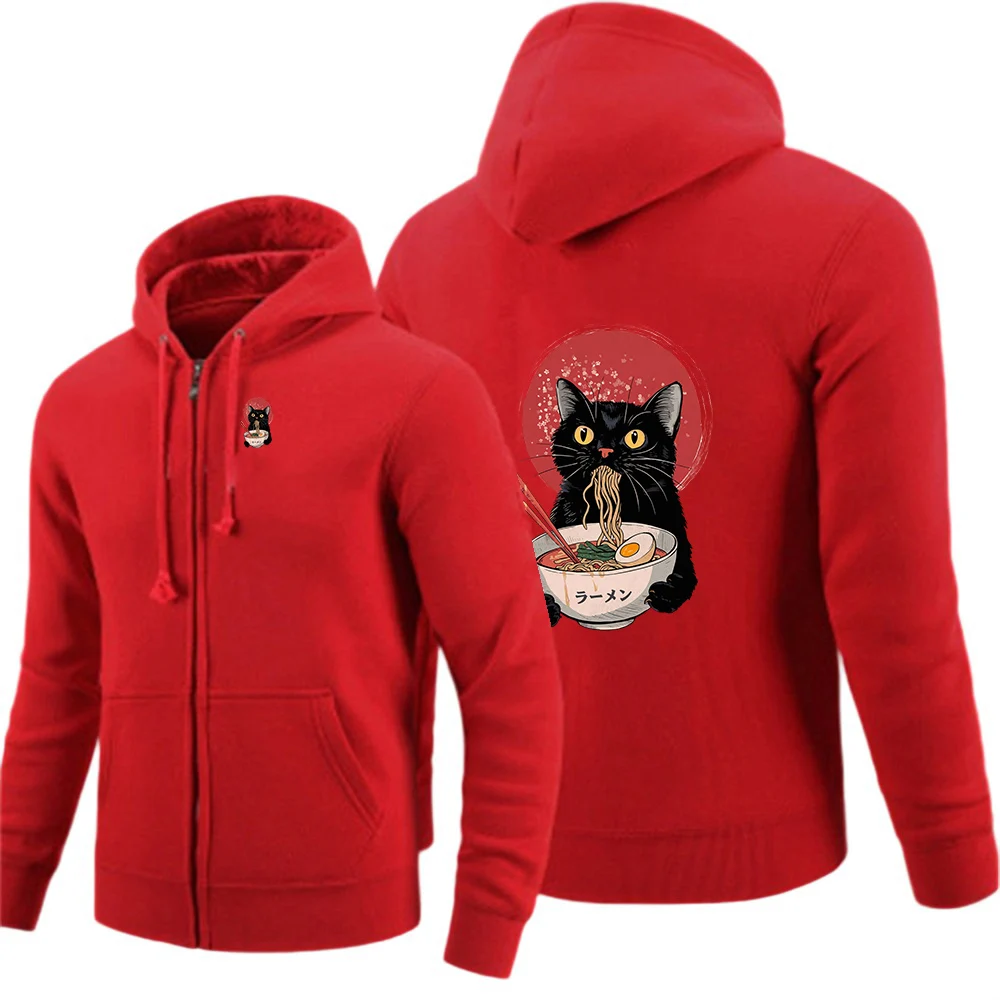2025 Noodle Ramen Cat Spring Autumn New Men's Fashion Long Sleeve Solid-color Zipper Hoodie Fleece Casual Sports Clothing