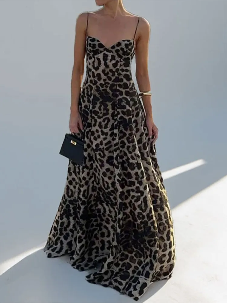 

Fashion Suspender V-neck Dress For Women Summer Sexy Leopard Printing Waist-closing Casual Elegant Holiday Dresses Female