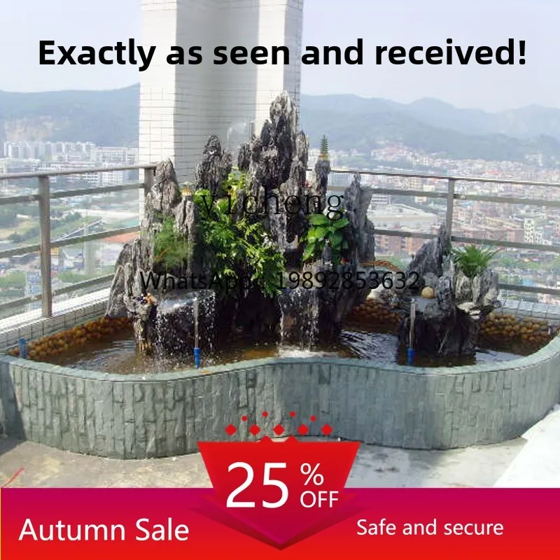

large rockery flowing water fountain landscaping courtyard office inside and outside fish pond original stone balcony living