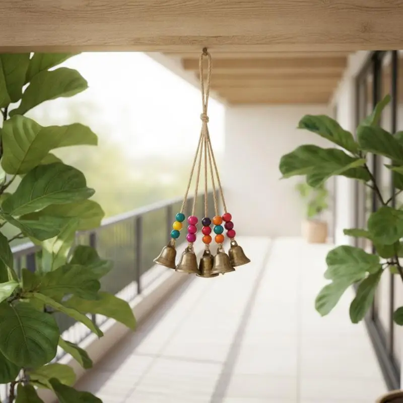 Bohemian Wind Chime 6/8 Bronze Bells Colorful Wood Beads Handmade Boho Hanging Decor Garden Patio Yard Rustic Home Decoration
