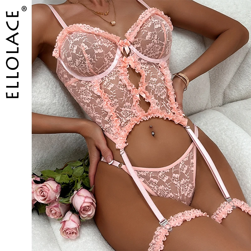

Ellolace Attractive Chest Lingerie For Sex Transparent Bra Lace Romantic Underwear Erotic 2 Piece Outfit Set Fancy Girl Body