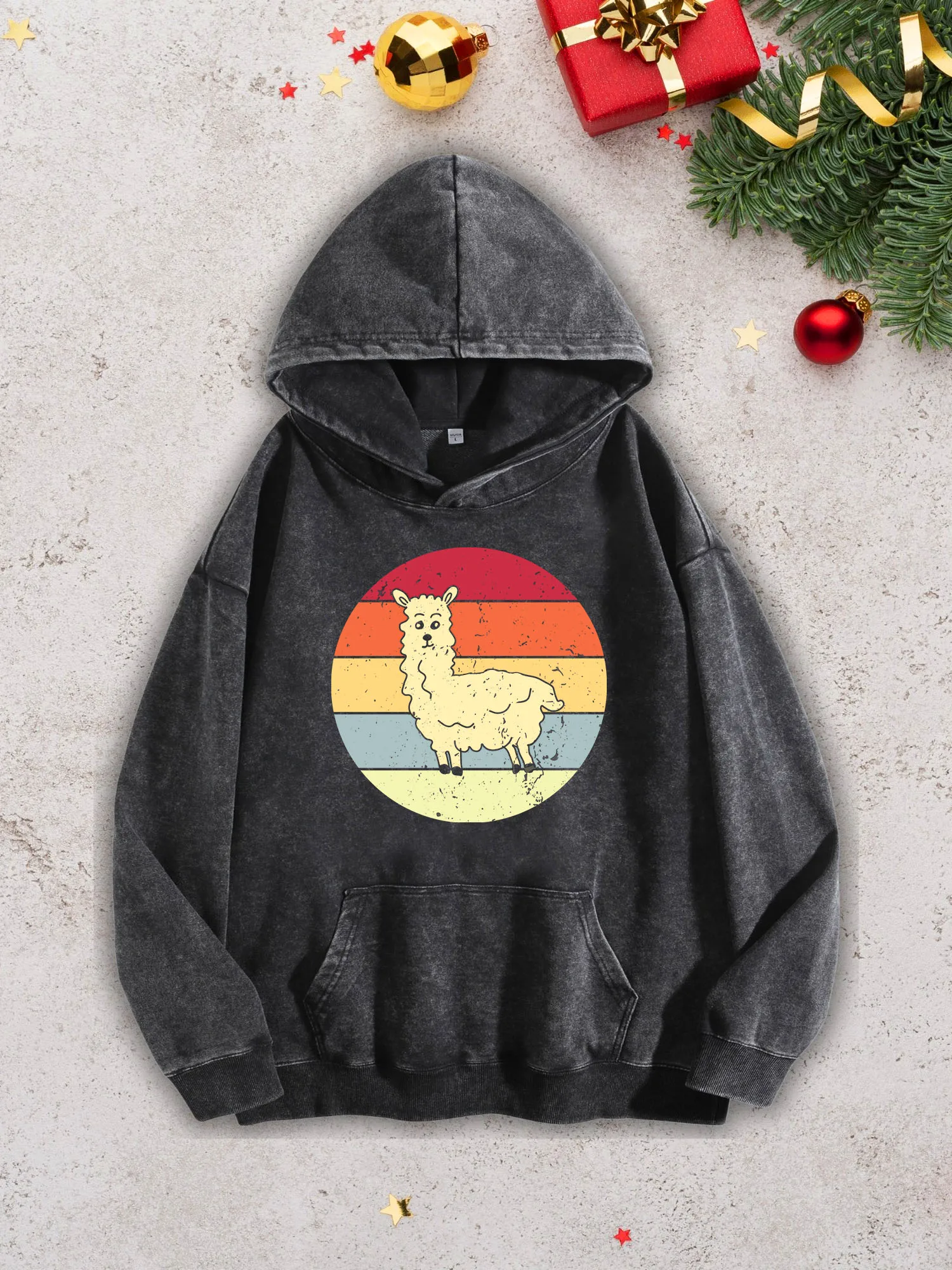 سترة بغطاء للرأس ثقيلة الوزن للرجال من Llama Retro Style - بلوفر أسود كلاسيكي لغسل الأحماض، سترة خريف وشتاء 400Gsm