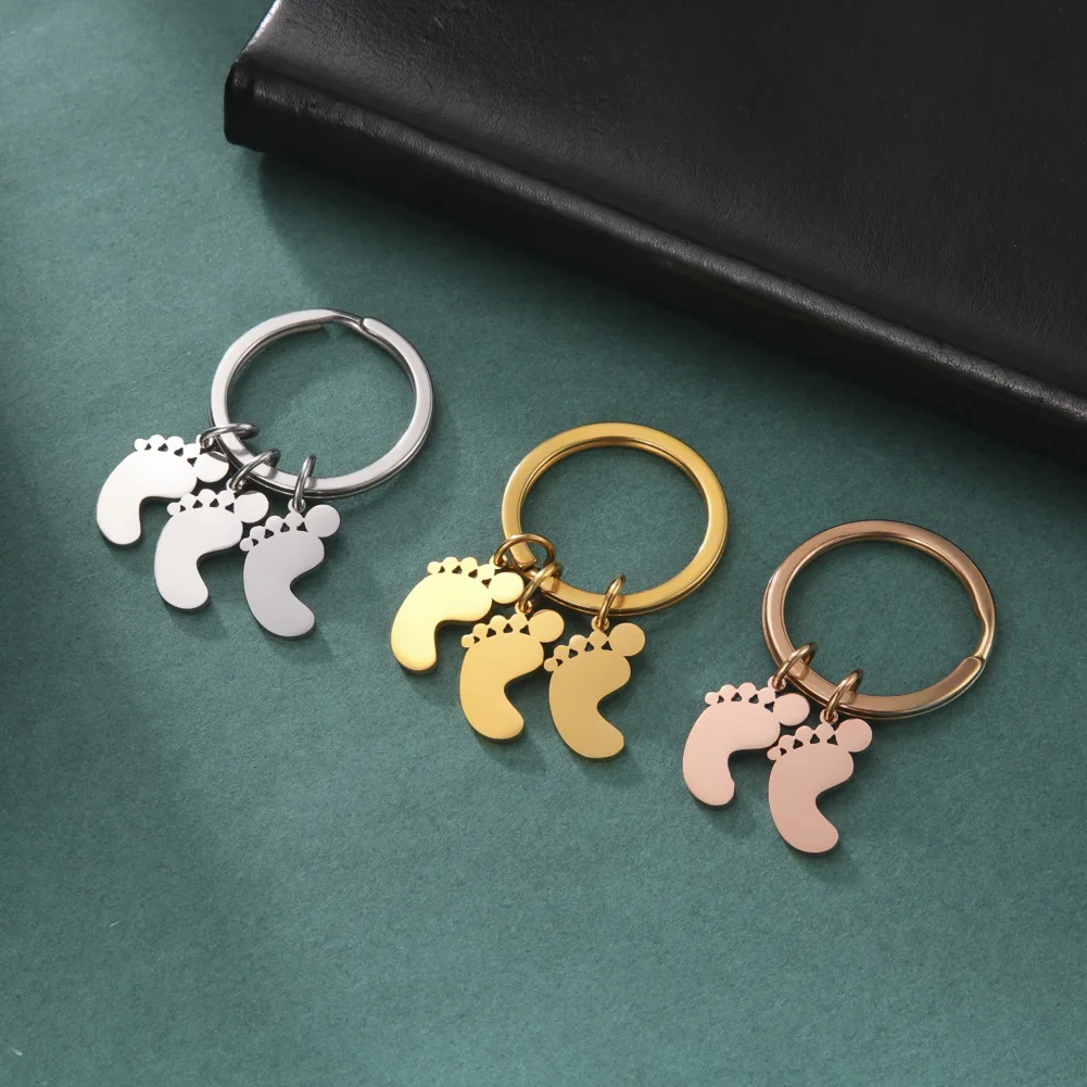 Stainless Steel Baby Feet Keychain Blank To Record Metal Baby Foot Charm Keyring For Engraving Mirror Polished Wholesale 10pcs