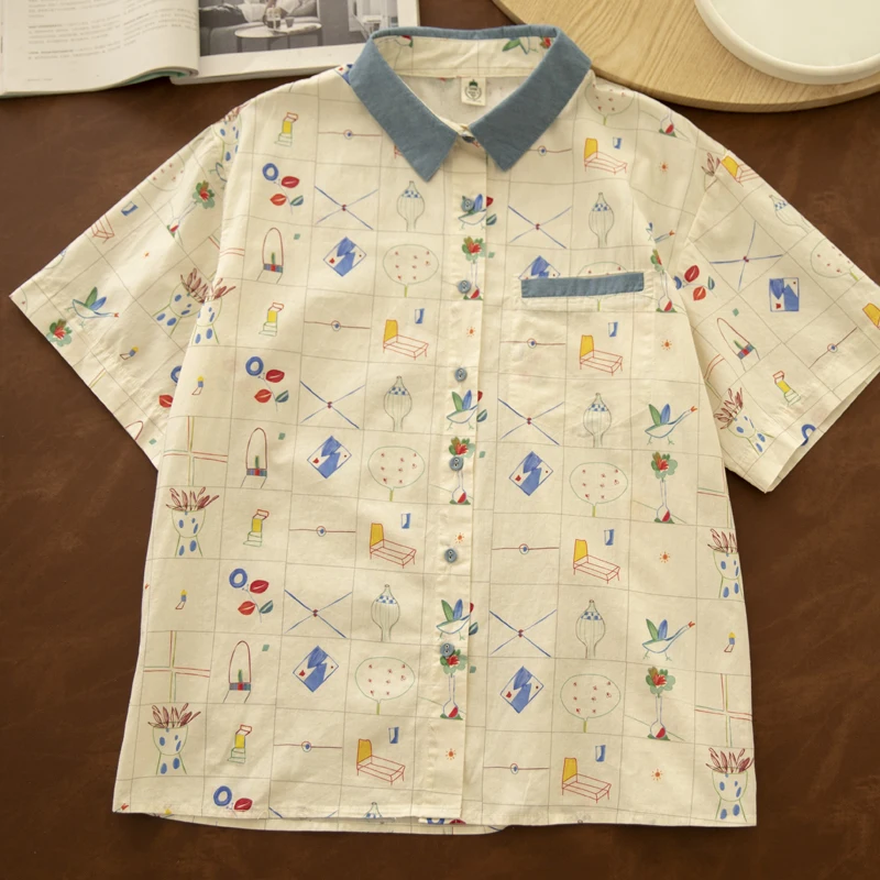 

Japanese Harajuku Style Cartoon Print 100% Cotton Shirts Women Mori Girl Summer Turn Down Collar Short Sleeve Casual Blouse Tops