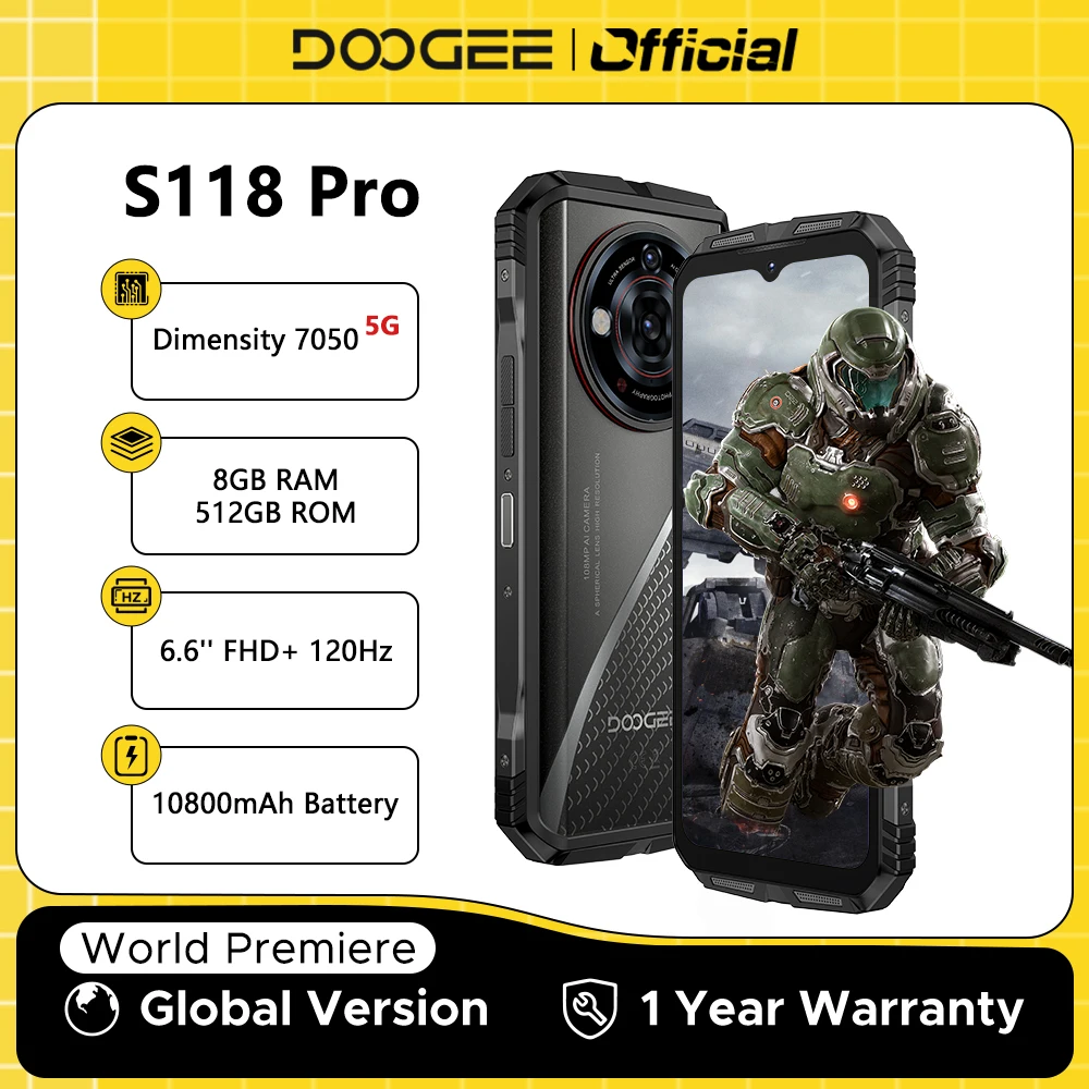 DOOGEE S118 Pro 5G Rugged Phone 10800mAh Battery 6.6'' FHD 120Hz 108MP AI Camera 8GB RAM 512GB ROM Android 14 Cell Phone NFC