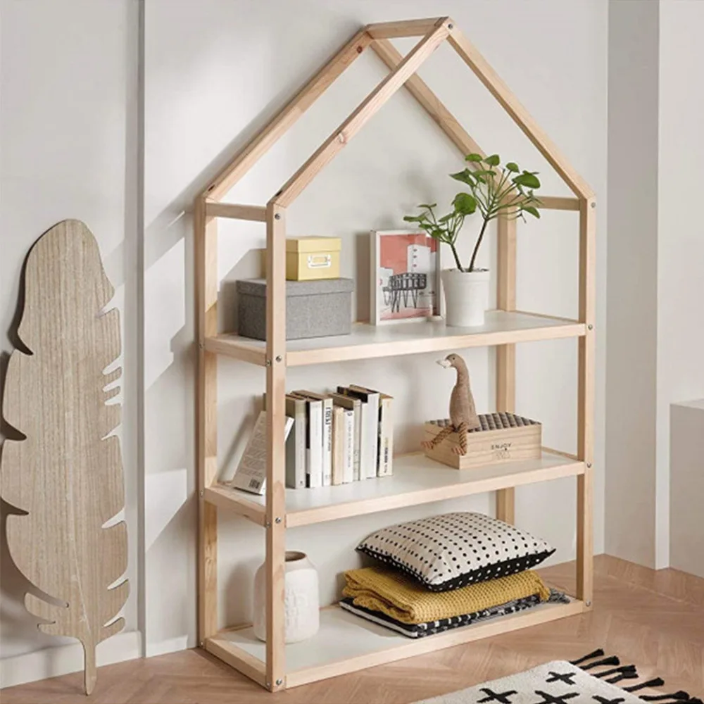 

Brand new, modern minimalist creative children's bookshelf natural solid wood veneer log color house shape bookshelf