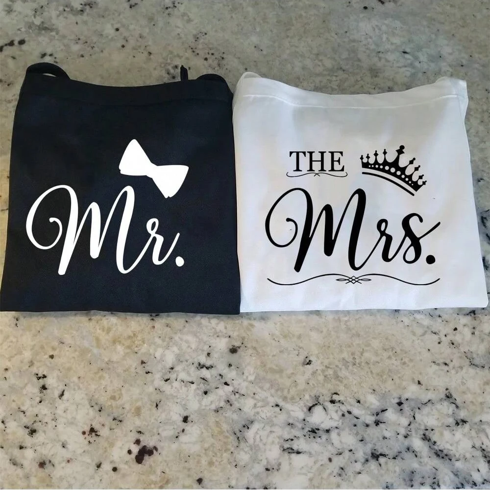 Mr and Mrs Apron Set Bride Groom Newlywed Couple Wedding Bridal Shower Anniversary Christmas Housewarming New Home Gift present