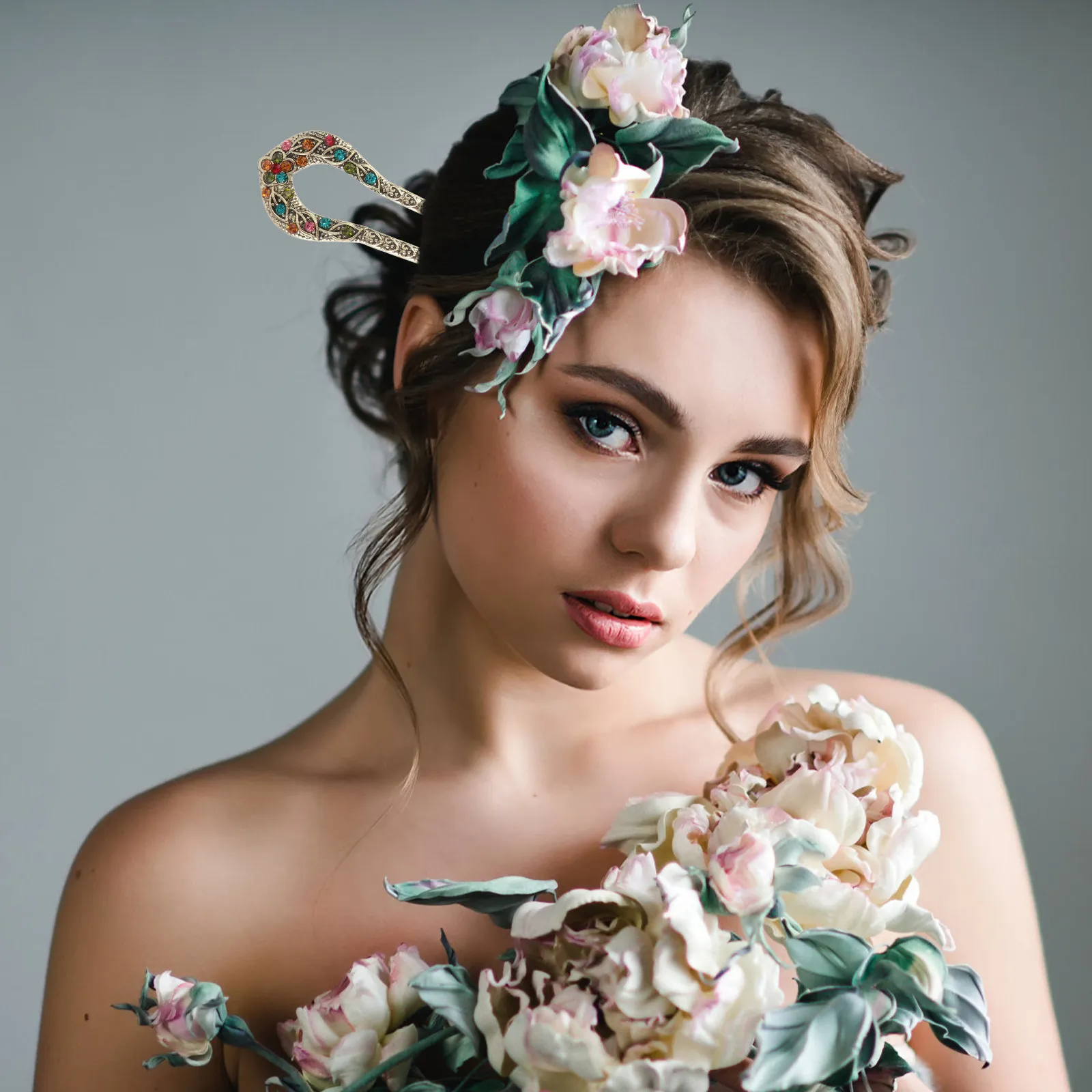 2Pcs Gorgeous Vintage Hairpin Double Prong Hair Dovetail Clip with Shiny Rhinestone Beads for Wedding Bridal Party Elegant
