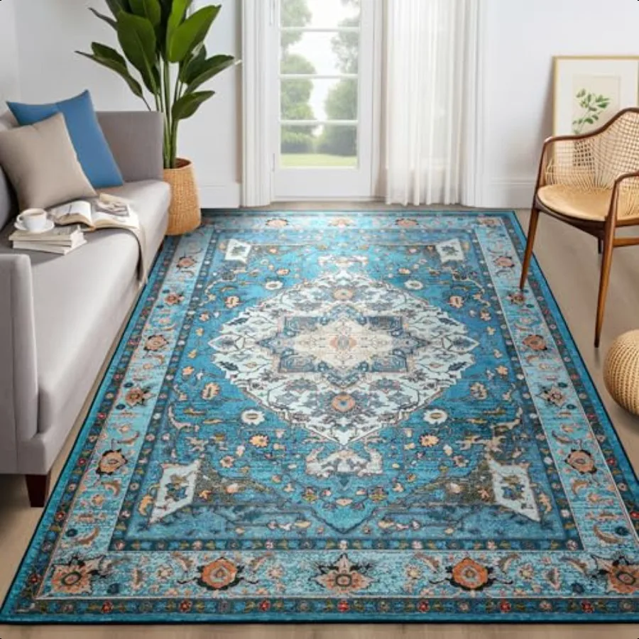 

Area Rug for Living Room 4x6 hine Washable Boho Rug for Bedroom Low Pile Lightweight Thin Rugs Floral Distr Print Pattern Carp