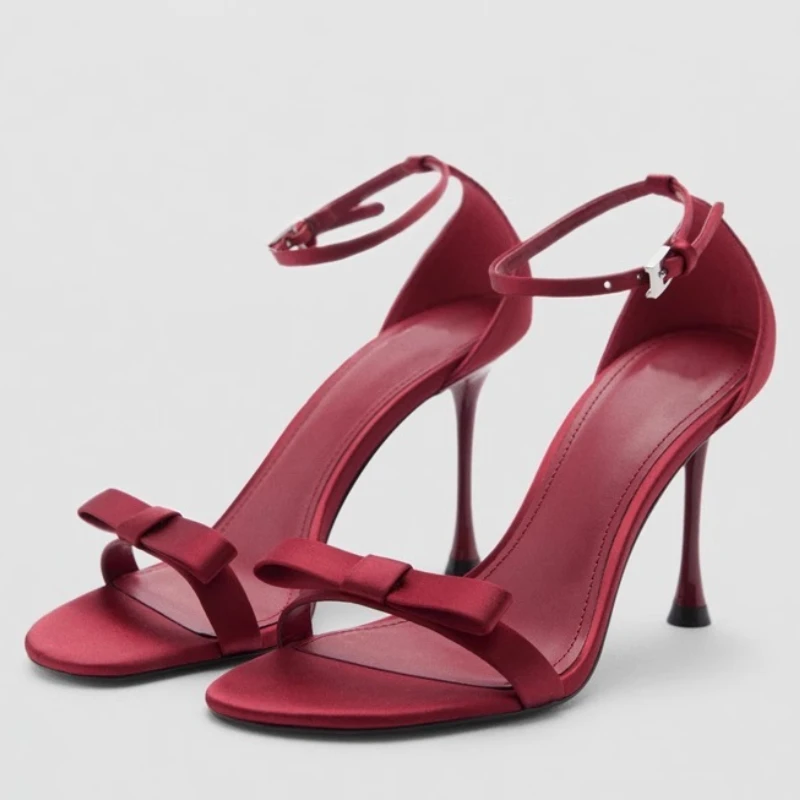 

Elegant Satin Bow Embellished High Heeled Sandals for Women Fashion Ankle Strap Buckle Designer Shoes Luxury Banquet Dress Shoes