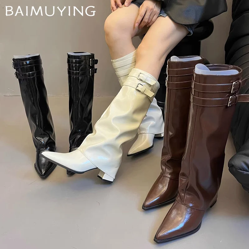 Pointed Toe Women High Boots Sexy Chunky Mid Heels Knee High Shoes 2025 Trend Winter Designer Pumps Goth Motorcycle Botas Mujer