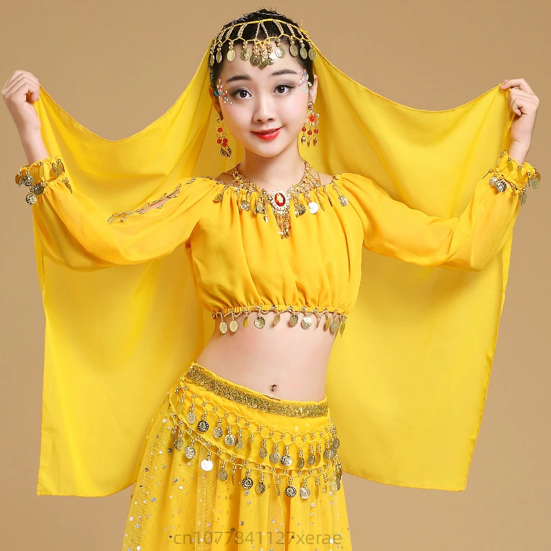 子供用インドダンスパフォーマンス衣装、新疆民族フィットネスダンス衣装、ベリーダンスランタン長袖トップス