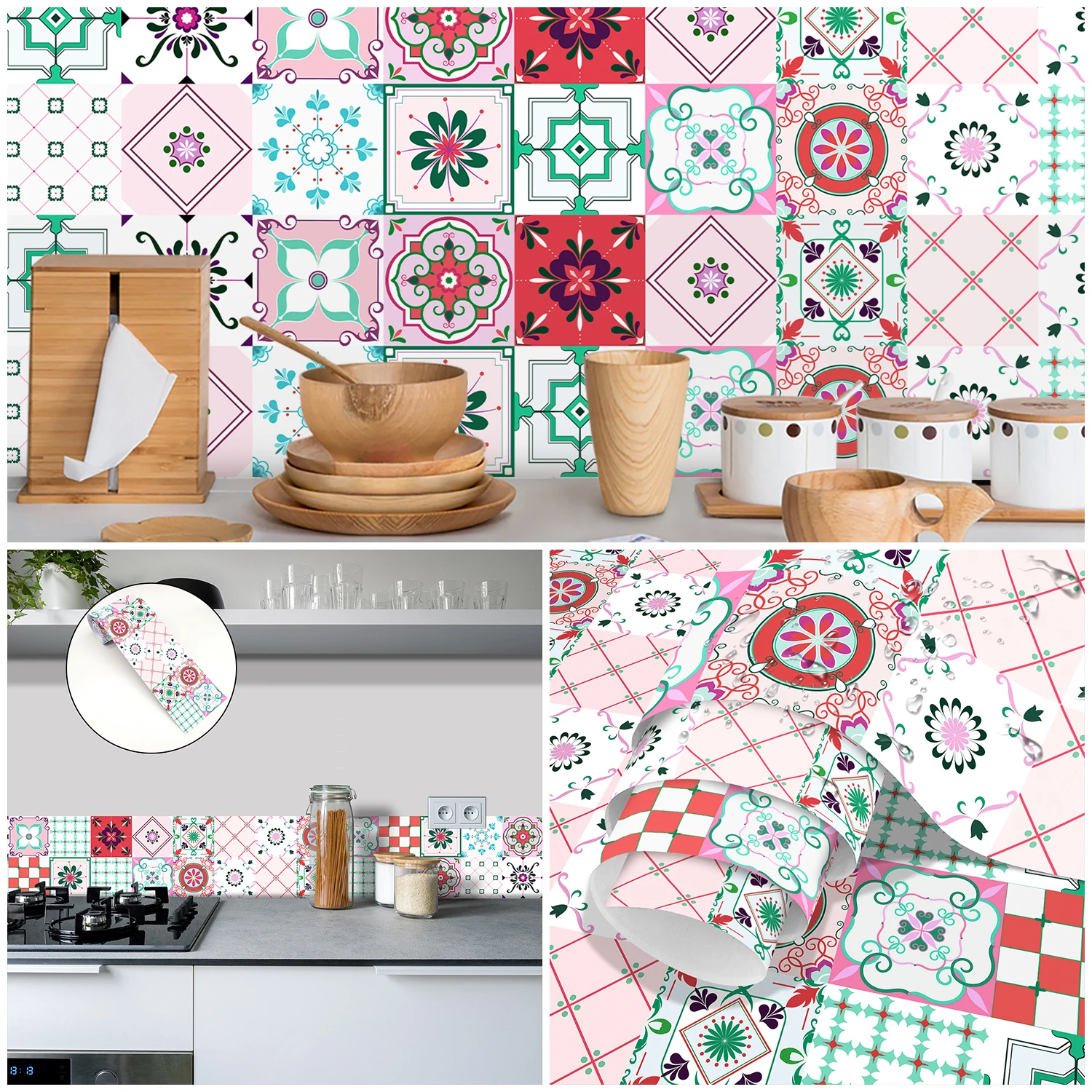 Pink & Green Tile Wall Sticker Kitchen Backsplash Cabinet Bathroom Waistline Skirting Strip Peel & Stick Waterproof Wall Decals