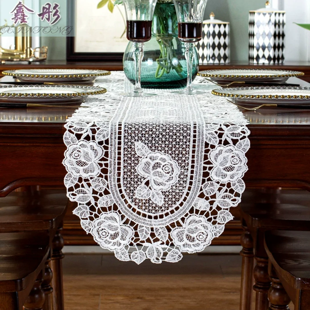 Korean style all white water-soluble lace table flag, table mat, dining mat, tea table tablecloth, hollowed out TV cabinet cover