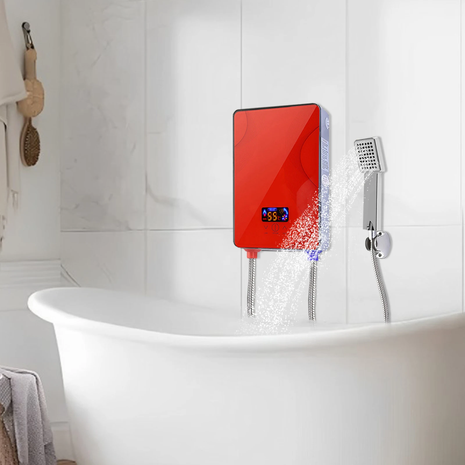 6500W Electric Water Heater Red DSK-65 Instant Hot Water Heater with LEDDisplay Screen IPX4 Adjustable Temperature 0.2-0.6MPa