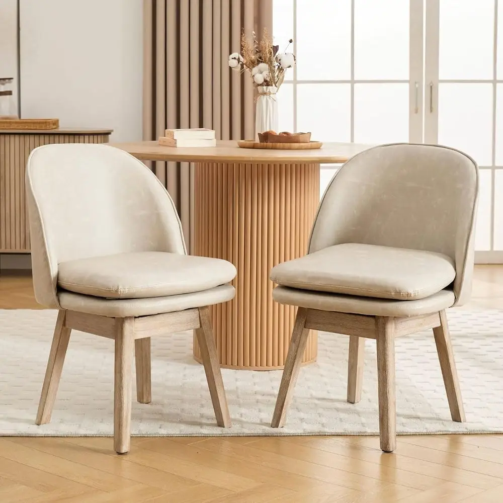 

Pair of Modern Leather Swivel Dining Chairs with Solid Wood Legs - Pebble Grey Accent Chairs for Kitchen/Restaurant