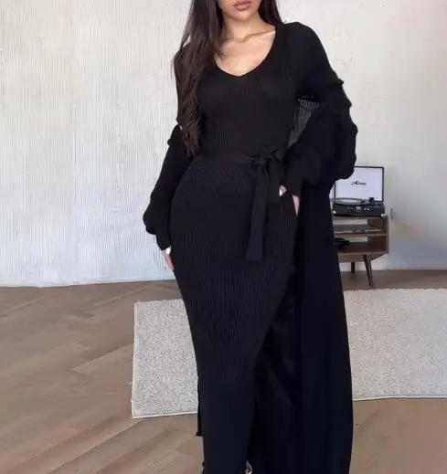 

Женские платья, наряды 2024, весна и осень, новая модная женская однотонная вязаная куртка на талии, стильный свитер, длинное платье