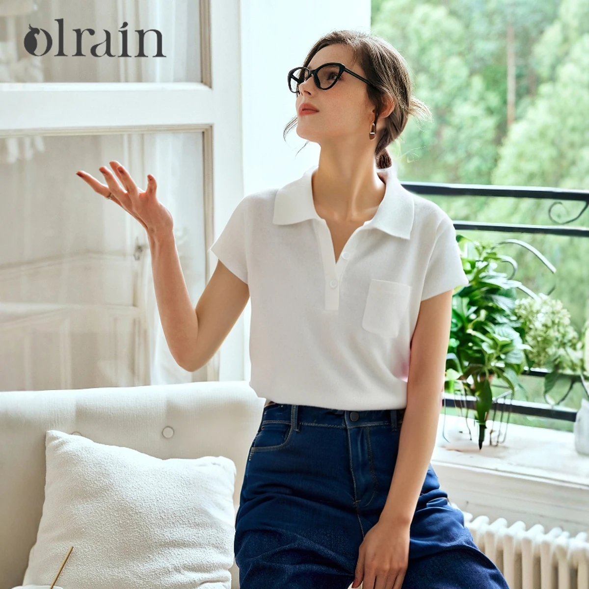 

OLrain летние белые вязаные свитера с воротником поло женские 2025 повседневные джемперы с короткими рукавами и карманами женские пуловеры трикотаж O57XZ98989